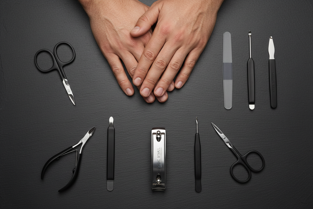 A luxury flat lay photo of a modern man’s hands on a dark minimal surface, surrounded by premium stainless steel nail clippers, glass nail files, and grooming tools. The style is inspired by German precision and craftsmanship, minimalist and masculine. Soft studio lighting, focus on clean nails, matte black and silver tones, elegant and refined atmosphere. Branded text: “NORDIC STAHL – Precision for the Modern Man”.